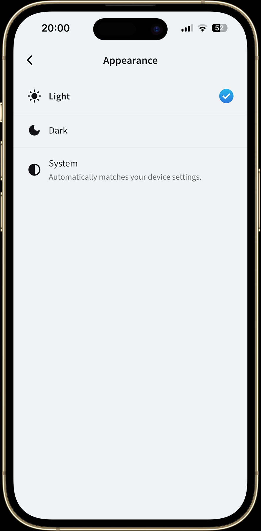 Splital's Appearance settings showing Light, Dark, and System, with Light selected.