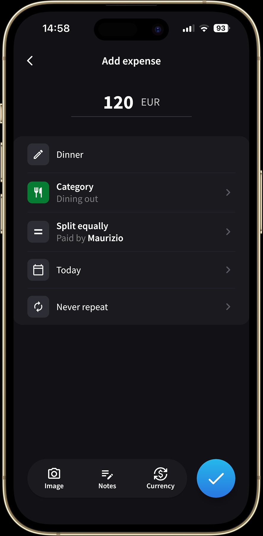 Splital's Add expense screen with Dinner entered as a €120 expense.