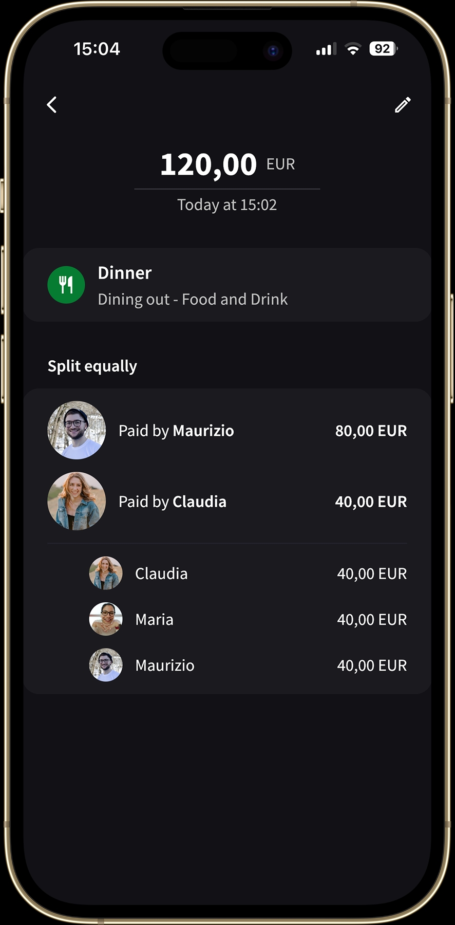 Dinner expense details showing Maurizio's €80 payment, Claudia's €40 payment, and a €40 share for each of the three members.