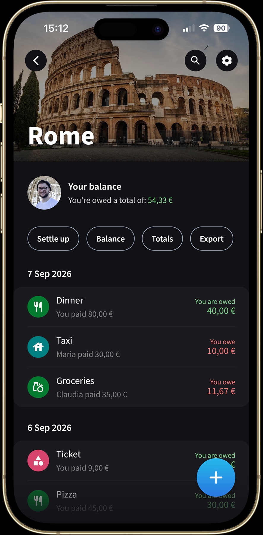 Splital's Rome group showing €40 owed to Maurizio for Dinner.