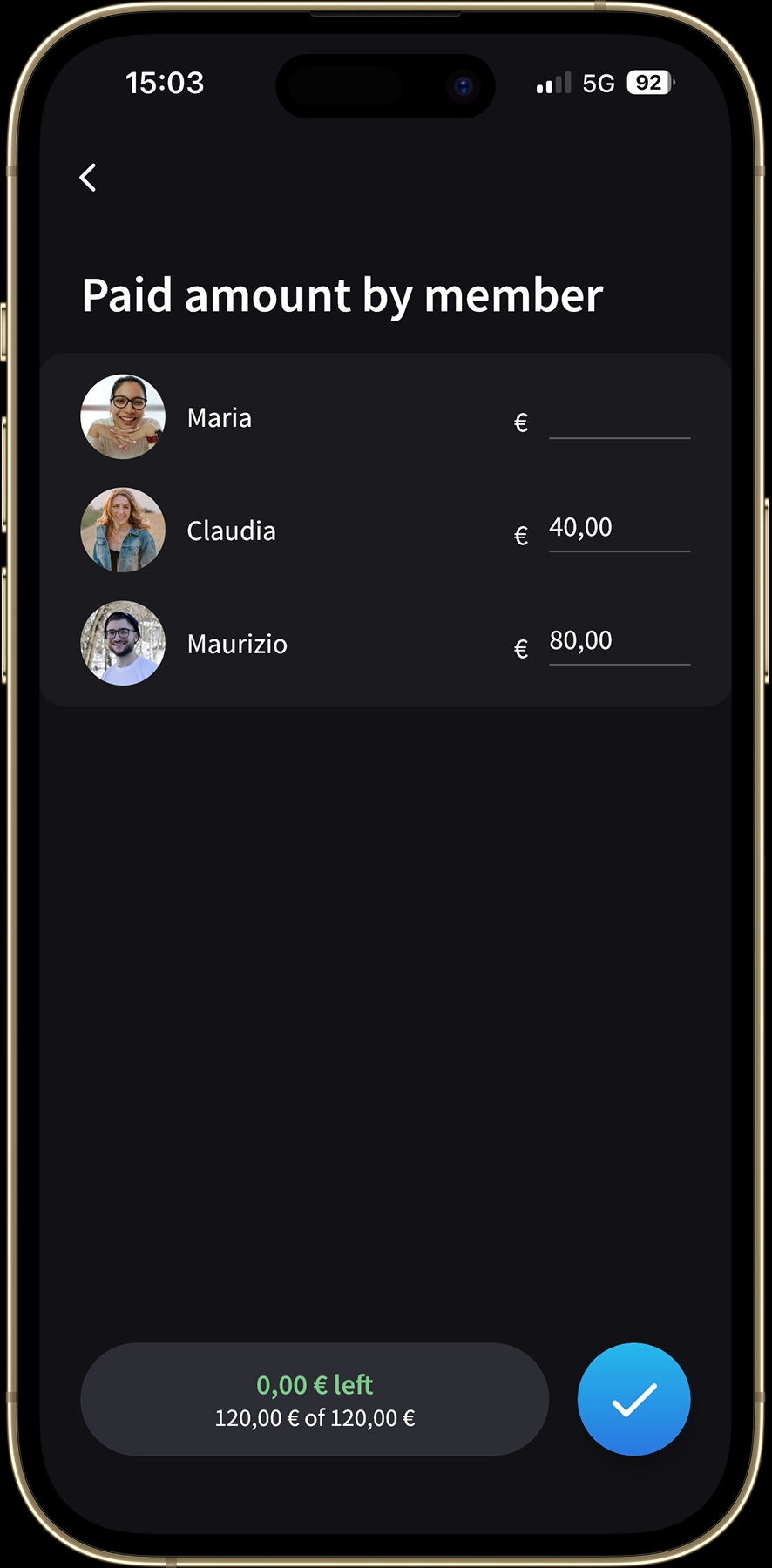 Paid amount by member screen with €40 for Claudia, €80 for Maurizio, Maria's field empty.