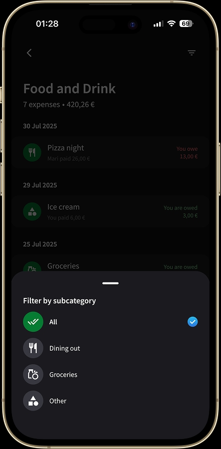Screen to filter by subcategory