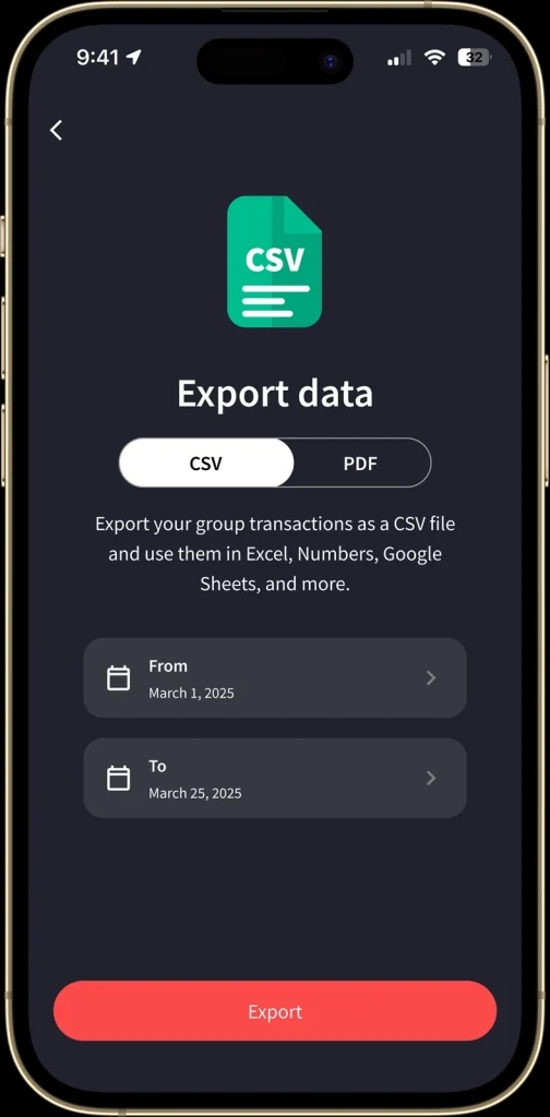 Der Bildschirm "Datenexport" ermöglicht es Nutzern, Gruppenausgaben im CSV- oder PDF-Format zu exportieren. Ein benutzerdefinierter Datumsbereich kann ausgewählt werden, um die zu exportierenden Daten zu filtern.