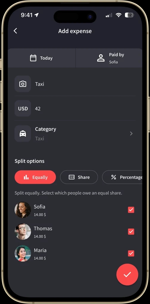 The "Add expense" screen is displayed with an entry for a taxi expense. The app offers options to split the amount equally, by share, or by percentage. Users are listed with their share of the expense, and there are checkboxes to confirm who is included in the split.