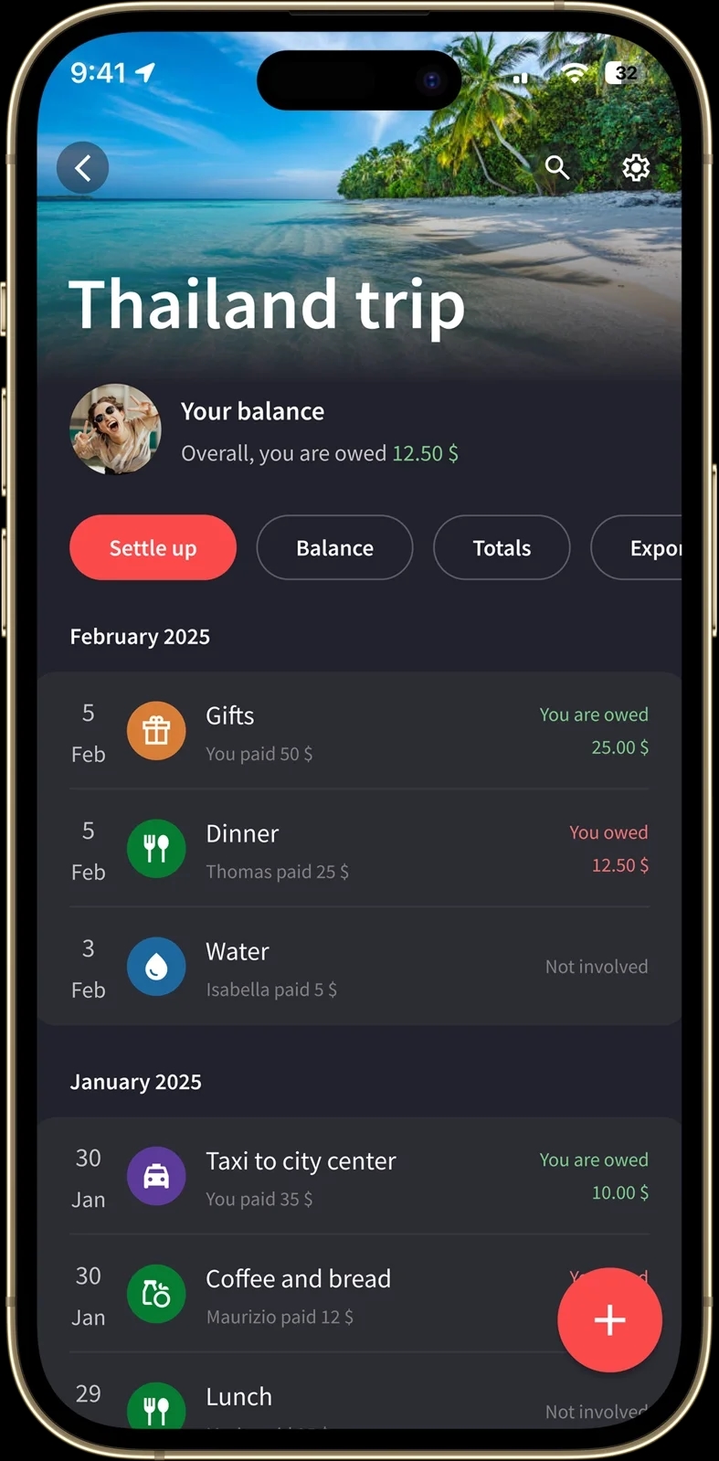The "Group expenses" screen shows several expenses from a trip to Thailand, showing how much the user owes or is owed. There are buttons to add new expenses, settle up, check the balance, or view reports on the expenses.