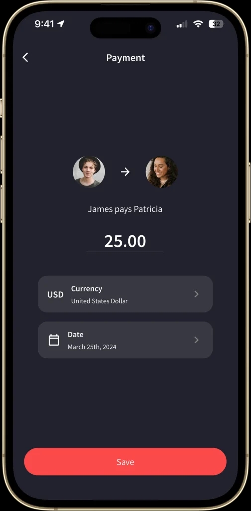 L'écran "Paiement" affiche une transaction où un utilisateur paie un autre utilisateur un montant spécifique. Il y a une représentation visuelle du paiement avec les photos de profil des deux utilisateurs, le montant à payer et un bouton "Enregistrer" pour confirmer la transaction.