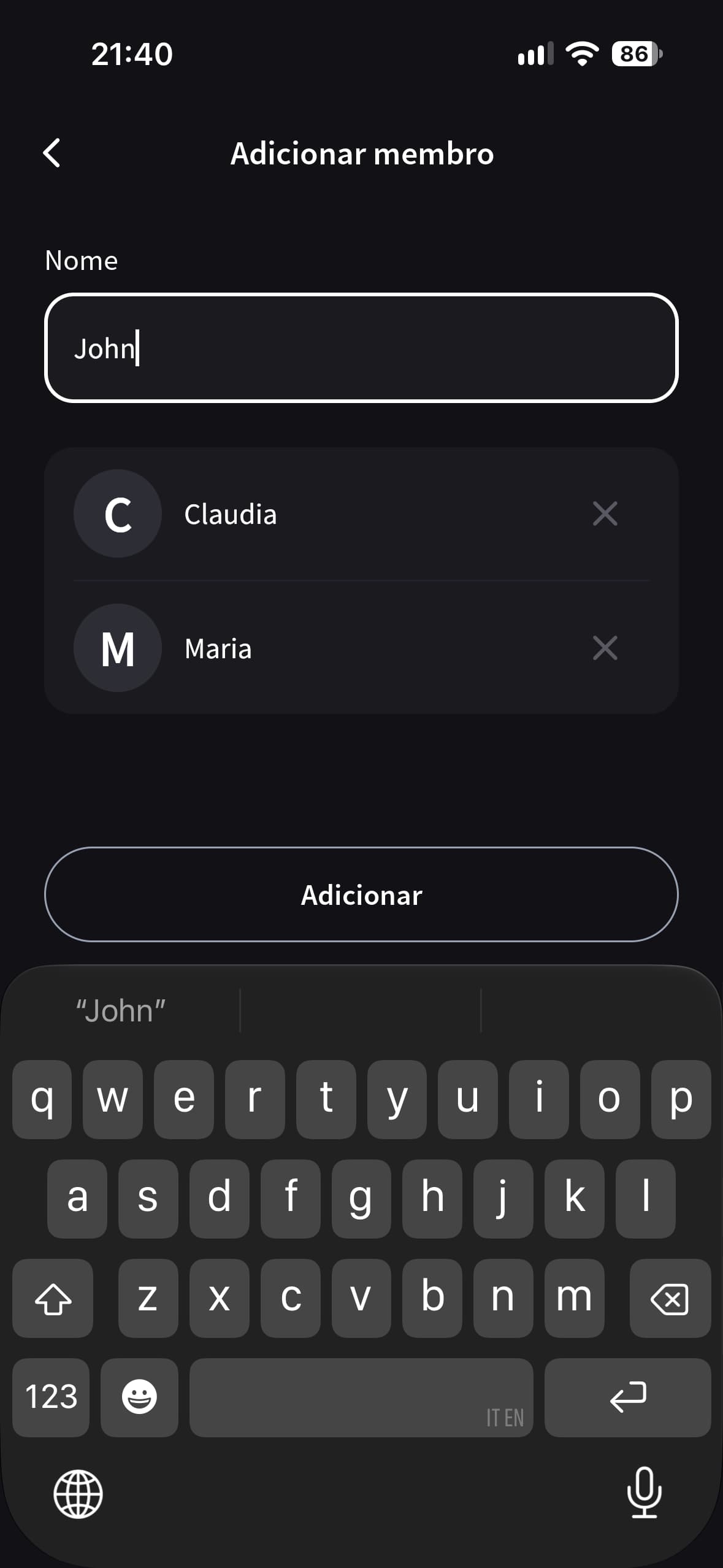 Tela Adicionar membro do Splital para adicionar amigos a um grupo pelo nome.