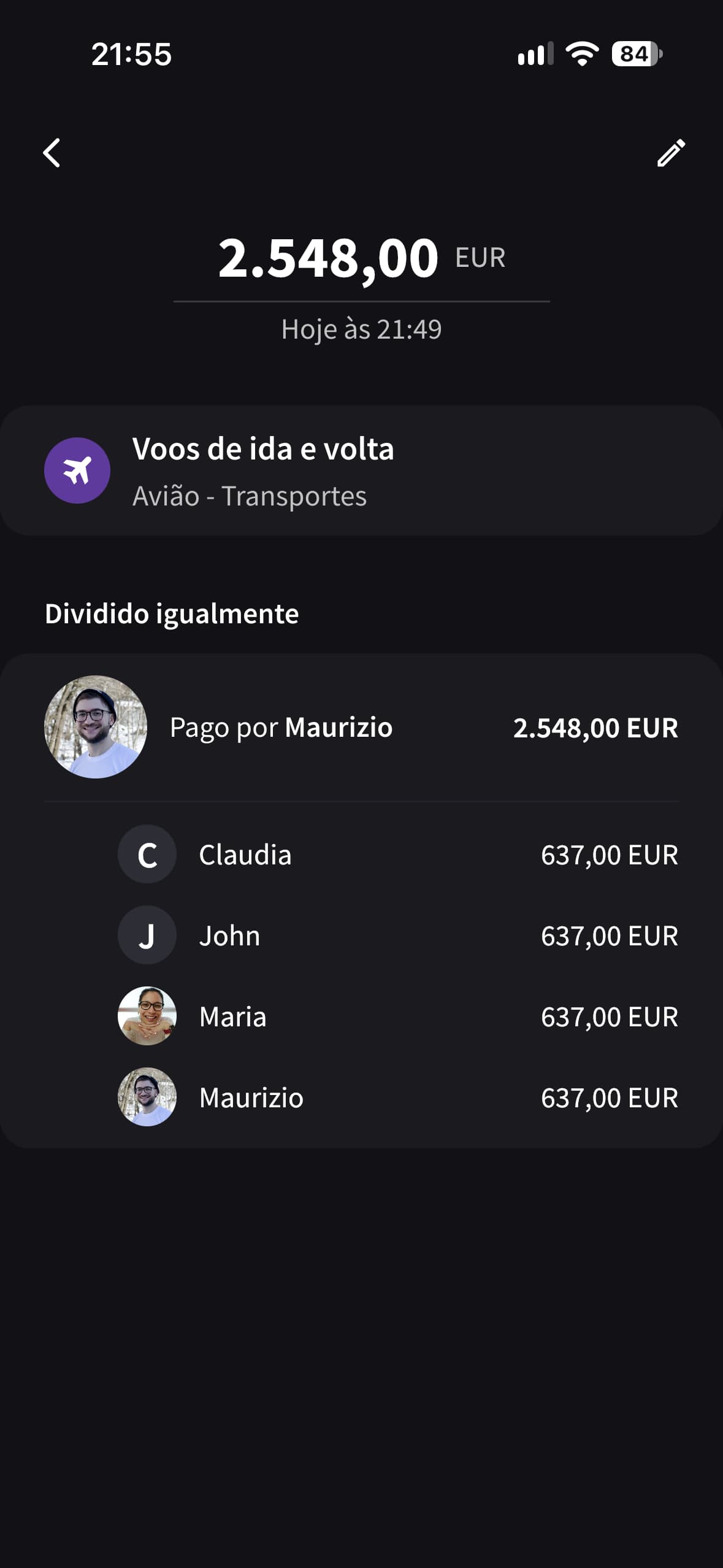 Detalhes de uma despesa no Splital: Maurizio pagou €2.548 pelos voos, divididos em quatro partes de €637.