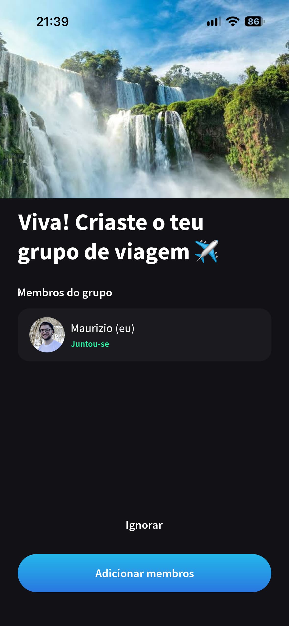 O Splital confirma a criação de um grupo de viagem e mostra o botão Adicionar membros.