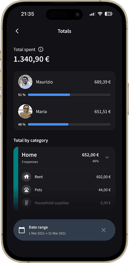 Splital statistics showing detailed category breakdowns