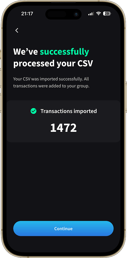 Success screen showing 1,472 transactions imported from Splitwise CSV file