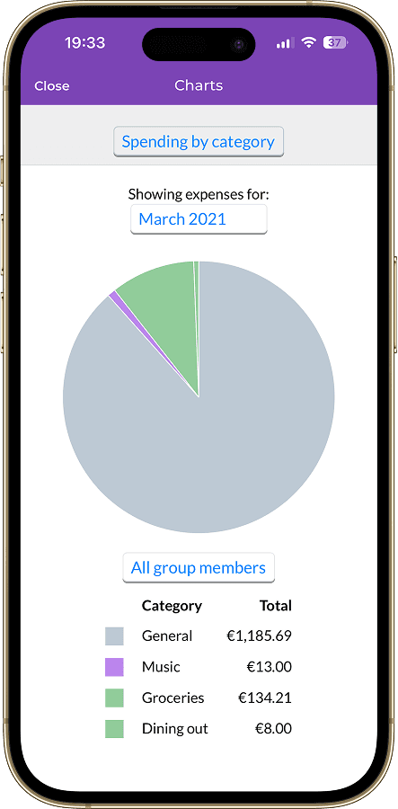 Splitwise statistics showing 88% of expenses in General category