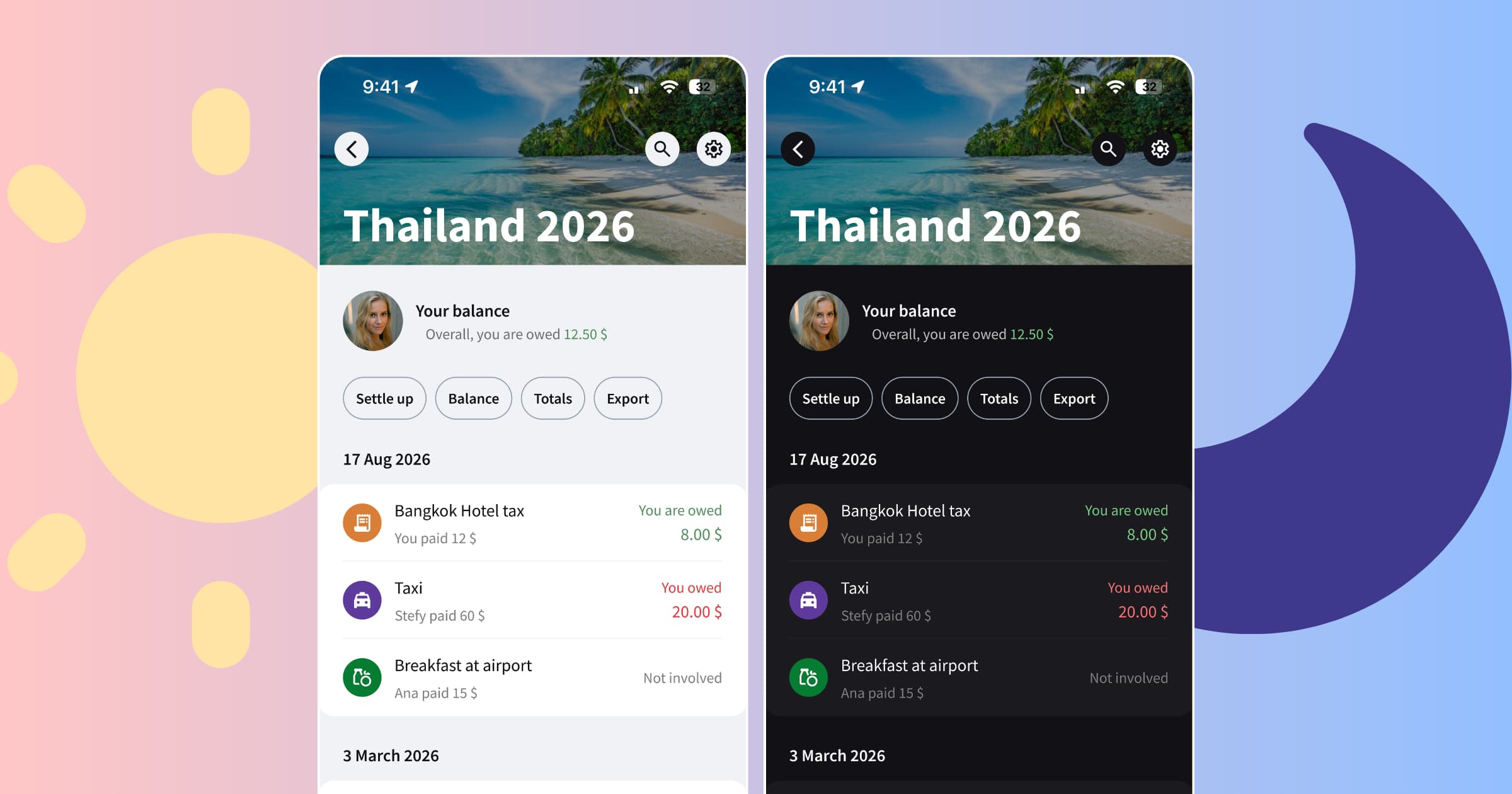 Splital's group expense screen in light and dark mode.