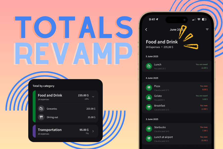 Splital's new Totals feature showing detailed spending statistics.