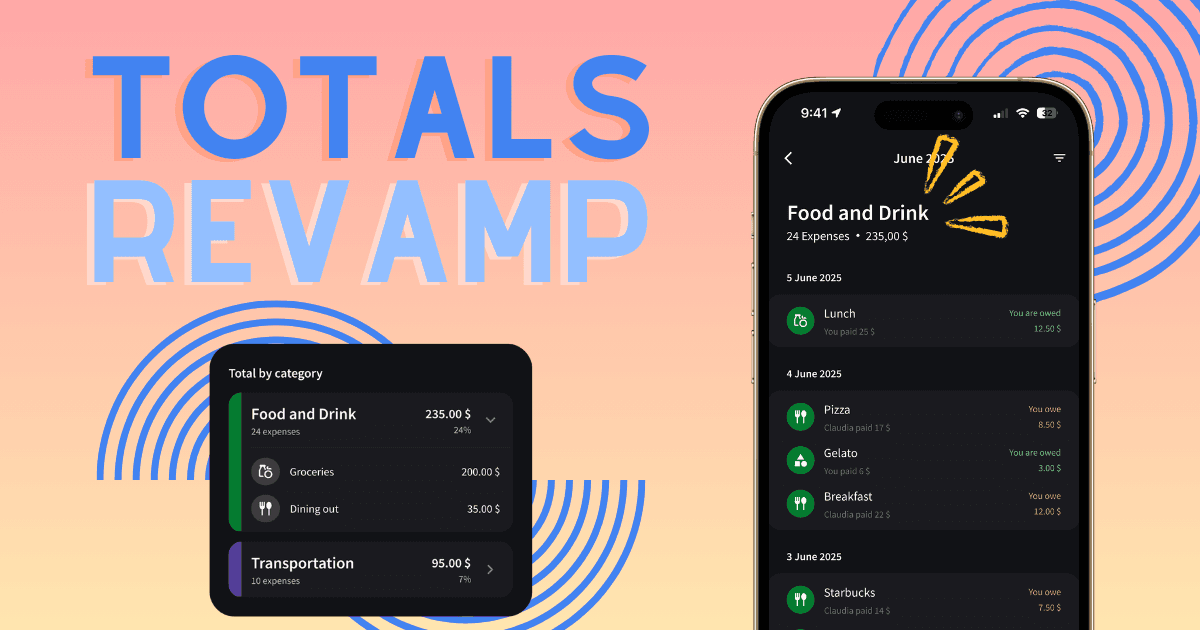 Splital's new Totals feature showing detailed spending statistics.
