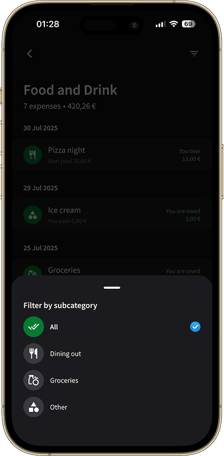 Screen to filter by subcategory