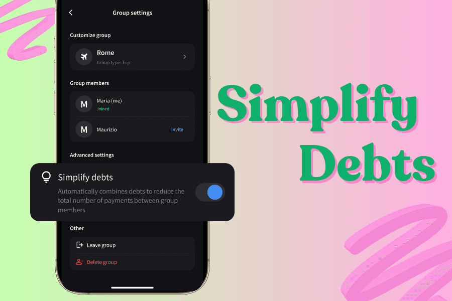 Settings screen where you can enable or disable the Simplify Debts feature.