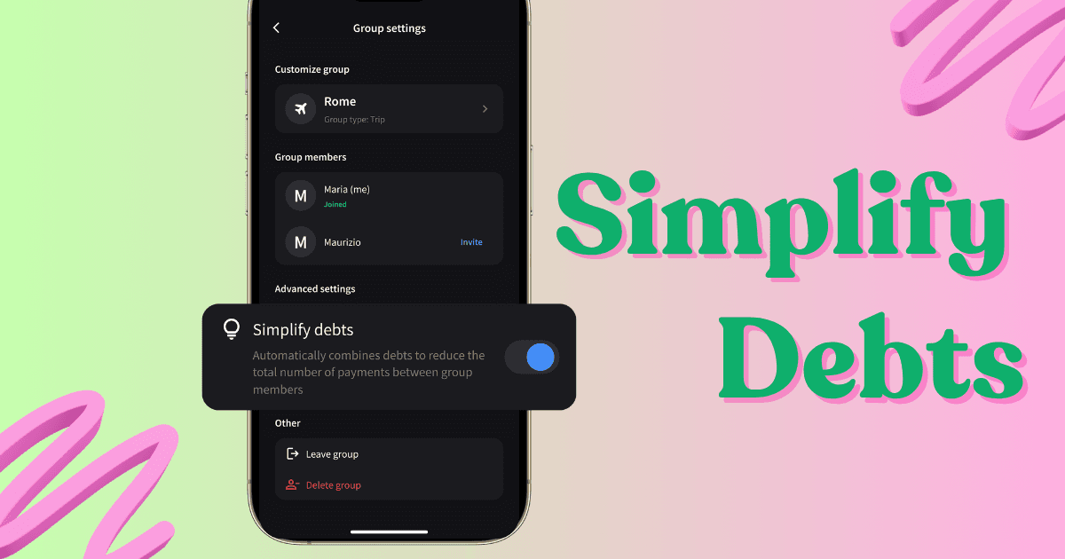 Settings screen where you can enable or disable the Simplify Debts feature.