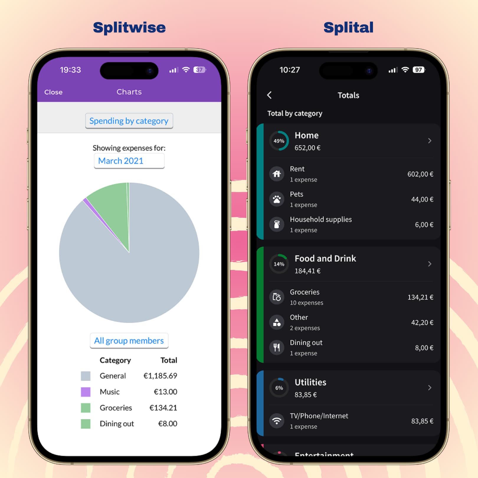 Comparación lado a lado: Splitwise archivando la mayoría de los gastos de un grupo en «General», y Splital ordenando los mismos gastos en categorías detalladas como Hogar, Comida y Bebida y Servicios.