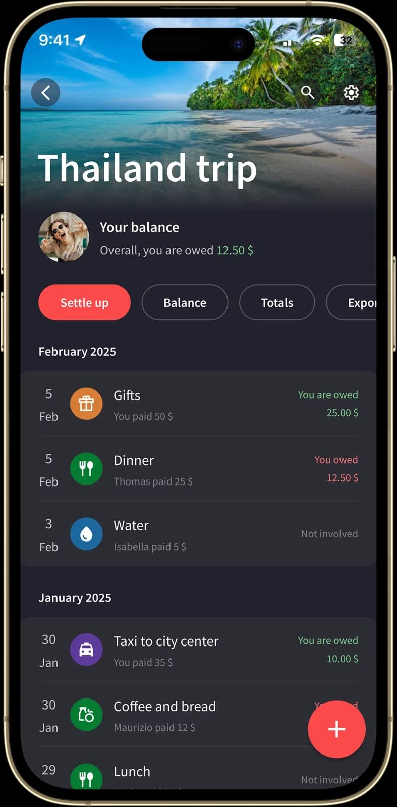 The "Group expenses" screen shows several expenses from a trip to Thailand, showing how much the user owes or is owed. There are buttons to add new expenses, settle up, check the balance, or view reports on the expenses.