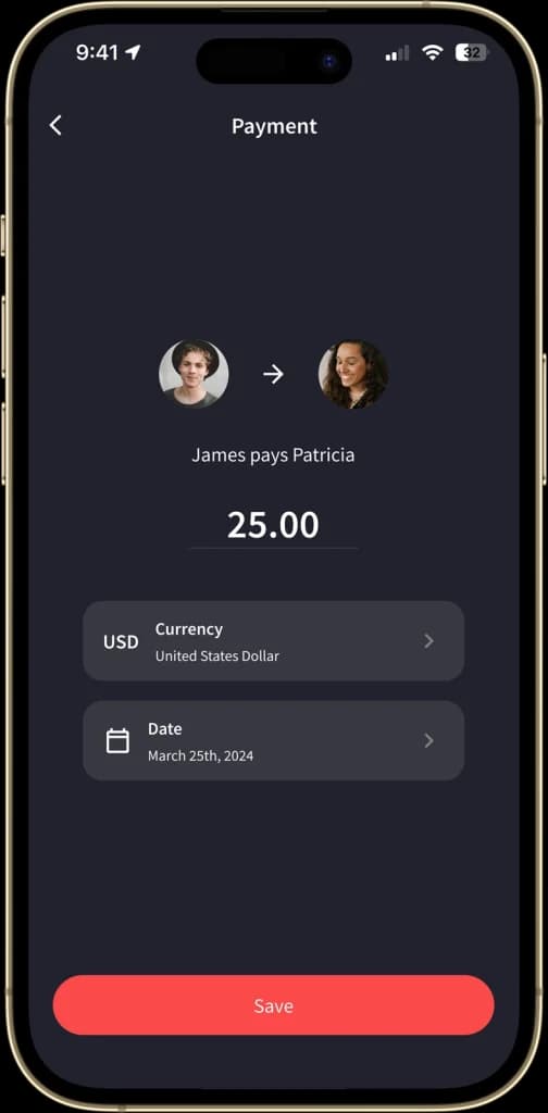 The "Payment" screen displays a transaction where one user pays another a specified amount. There is a visual representation of the payment with profile pictures of both users, the amount to be paid, and a "Save" button to confirm the transaction.
