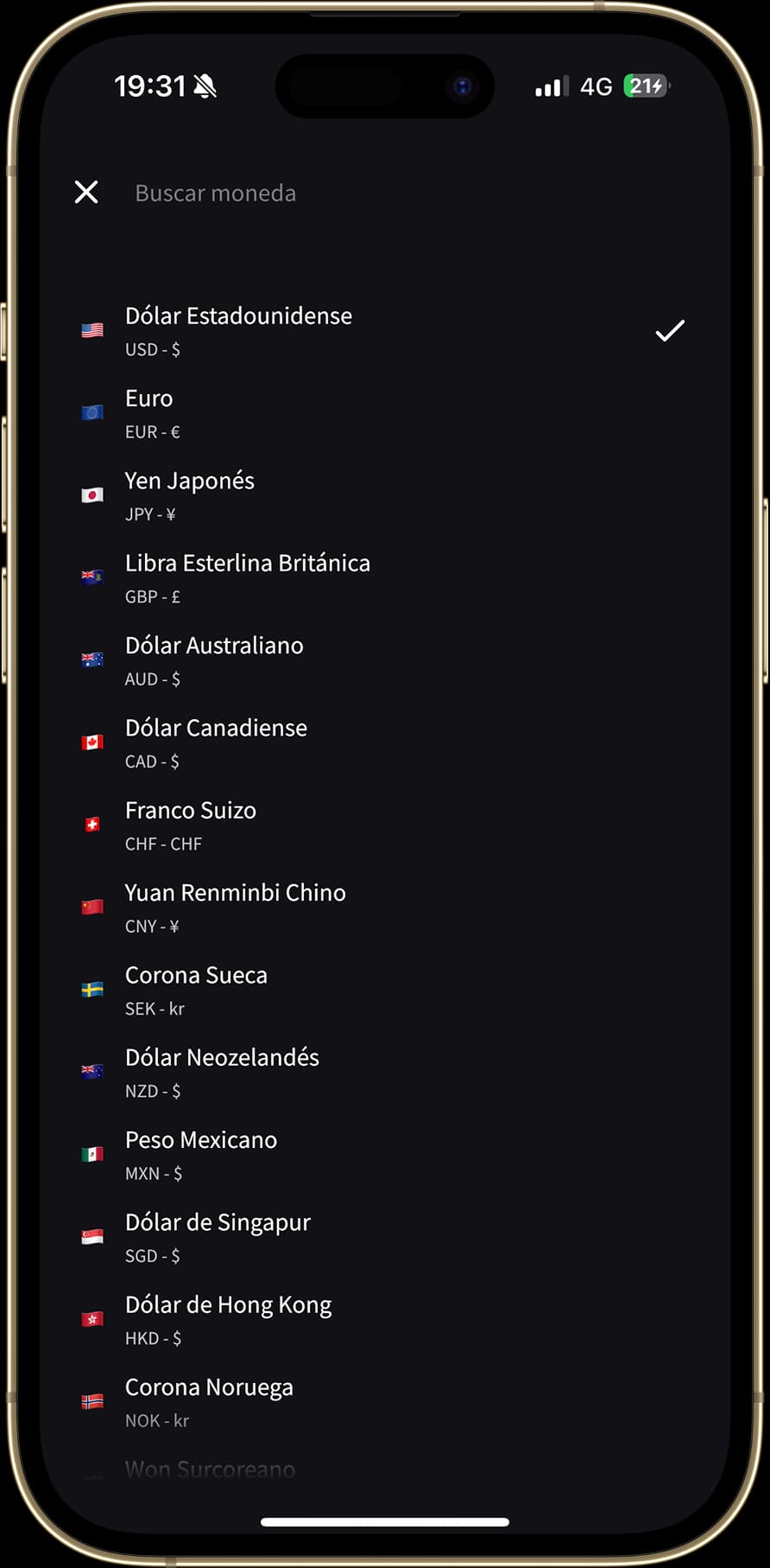 Se muestra la pantalla de "Selección de Moneda", permitiendo a los usuarios elegir entre una lista de más de 150 monedas. Cada moneda está listada con su símbolo y la bandera del país correspondiente.