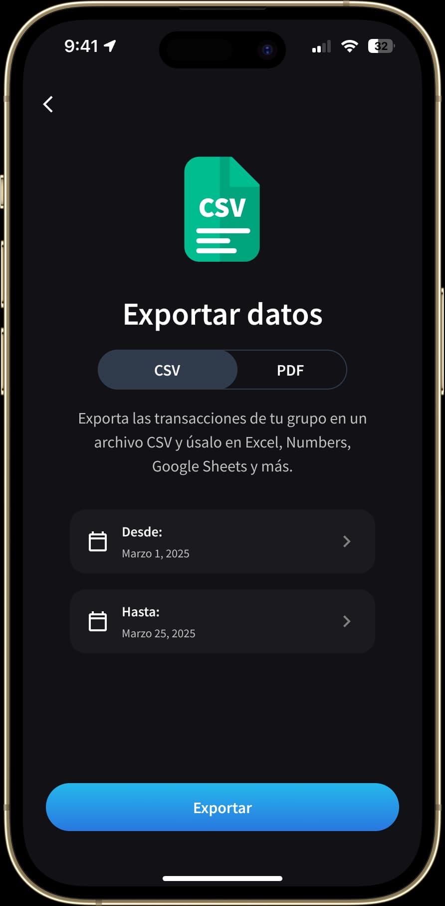 La pantalla "Exportar datos" permite a los usuarios exportar los gastos del grupo en formato CSV o PDF. Se puede seleccionar un rango de fechas personalizado para filtrar los datos a exportar.