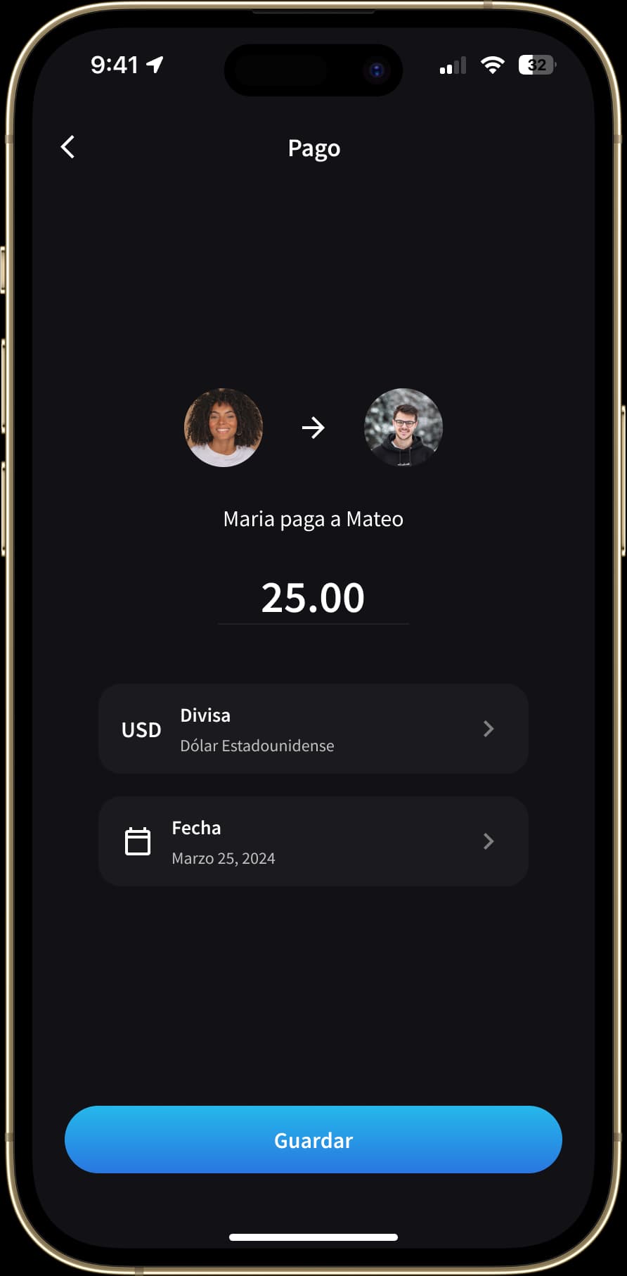Pantalla de teléfono móvil mostrando Splital, una aplicación para compartir gastos para Android y iPhone. La pantalla de "Pago" muestra una transacción donde un usuario le paga a otro una cantidad específica. Hay una representación visual del pago con las fotos de perfil de ambos usuarios, el monto a pagar y un botón de "Guardar" para confirmar la transacción.