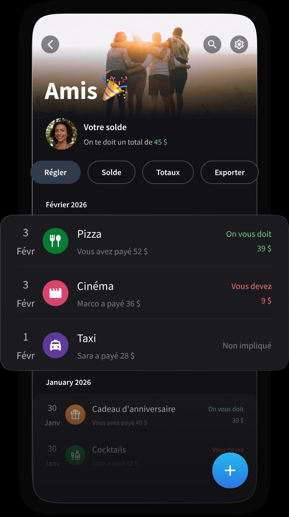Application Splital affichant les dépenses de groupe d'un voyage
