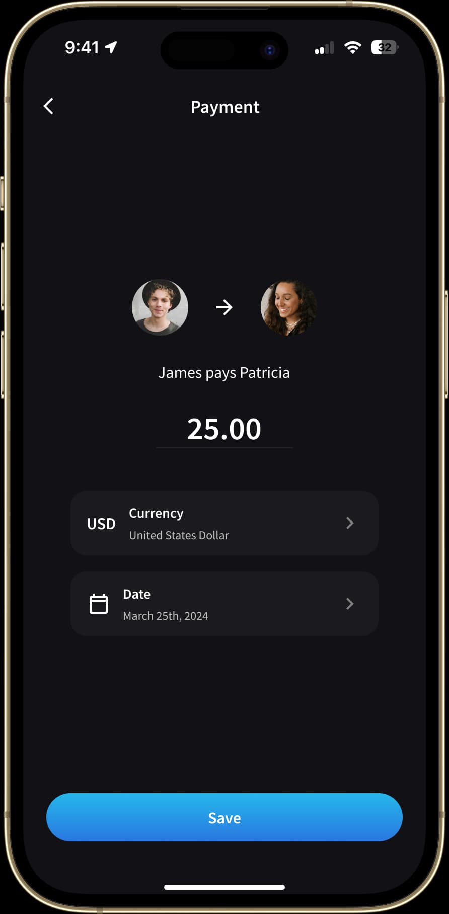 L'écran "Paiement" affiche une transaction où un utilisateur paie un autre utilisateur un montant spécifique. Il y a une représentation visuelle du paiement avec les photos de profil des deux utilisateurs, le montant à payer et un bouton "Enregistrer" pour confirmer la transaction.