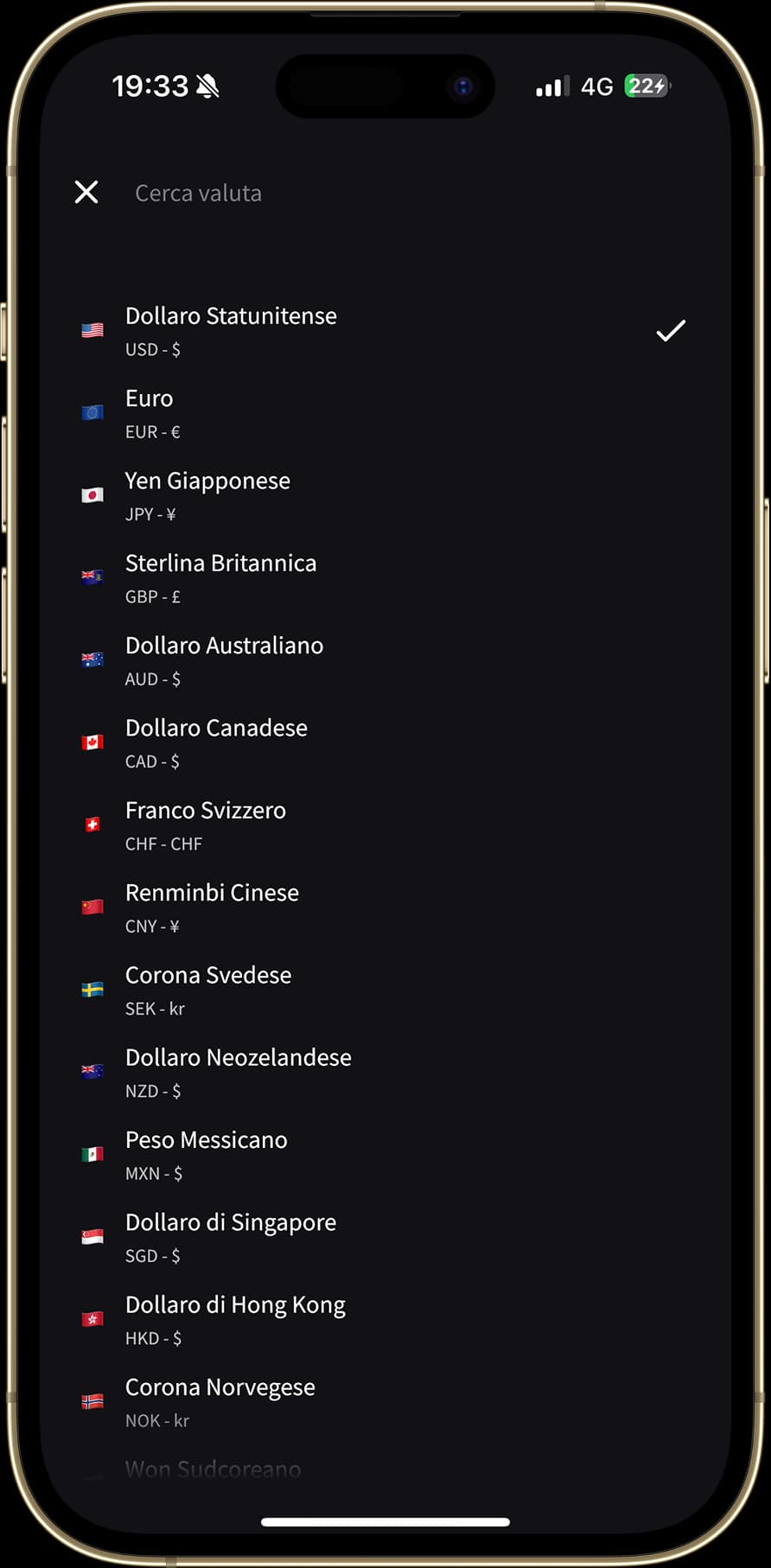 Lista di valute estere con il loro simbolo e la corrispondente bandiera del paese.