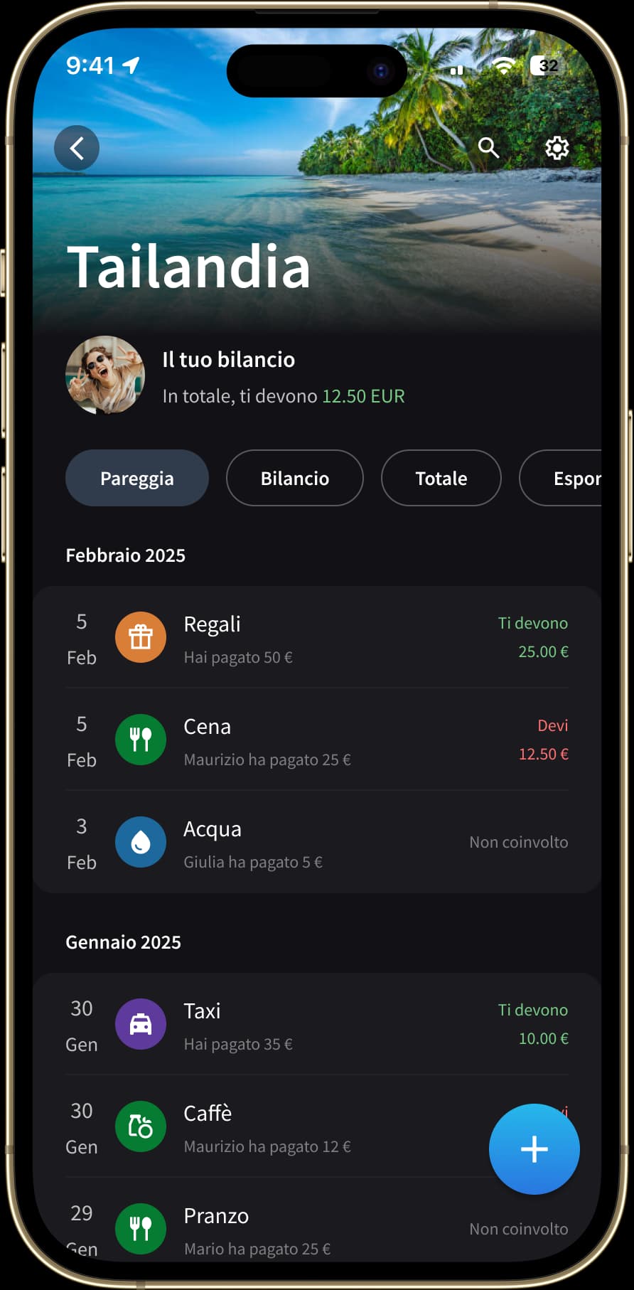 Lista delle spese con il loro importo e quanto l'utente deve dare o ricevere per ciascuna spesa.