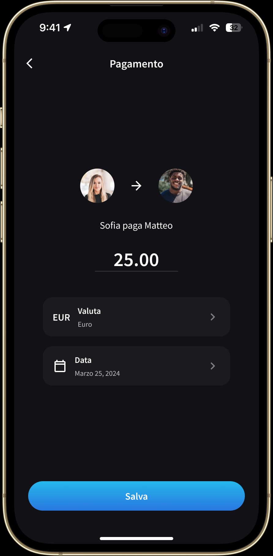 Funzionalità di pagamento in cui un utente paga un altro utente un importo specifico.
