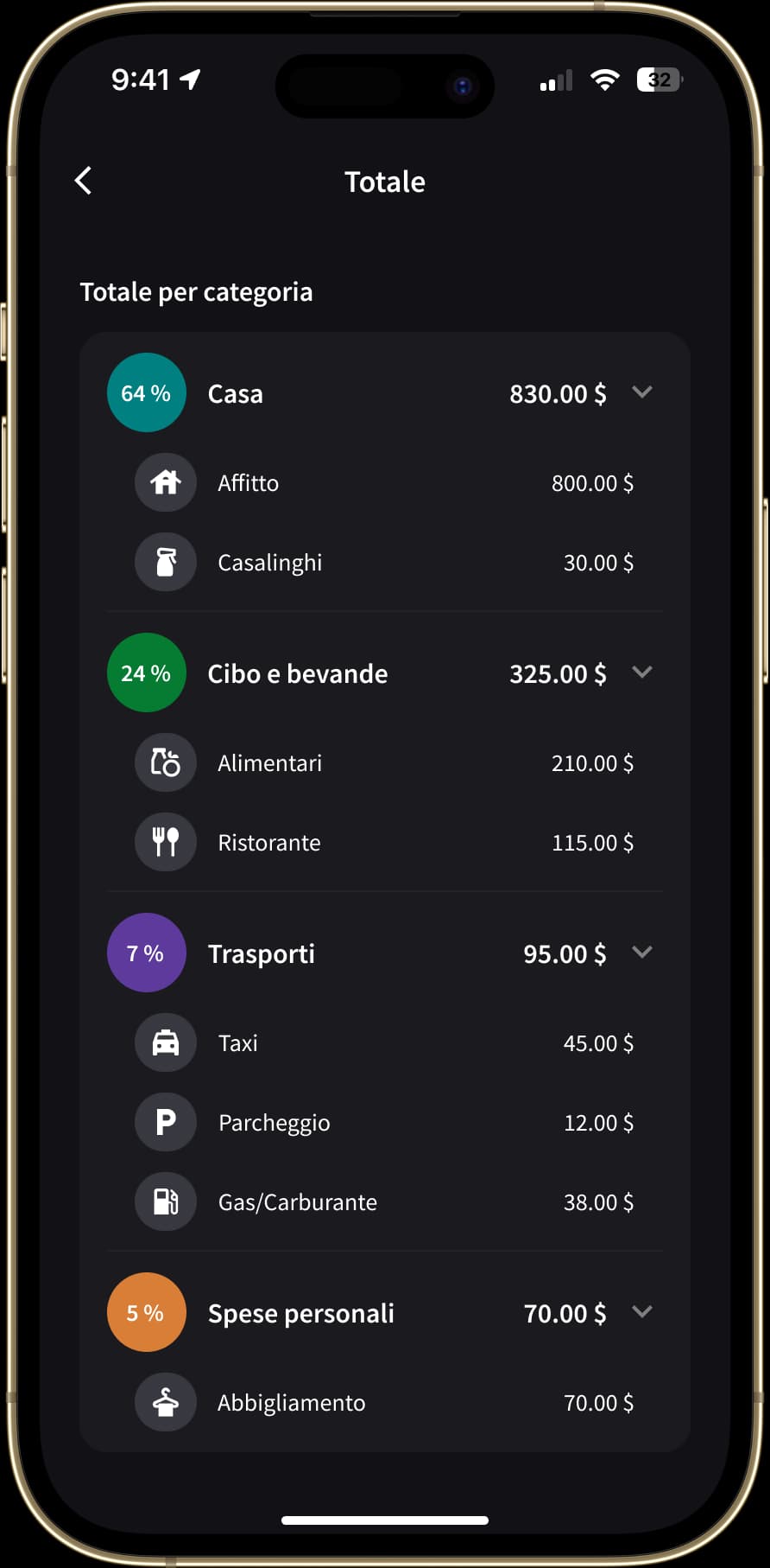 Statistiche che mostrano le spese organizzate in categorie. Ogni categoria riporta l'importo totale.