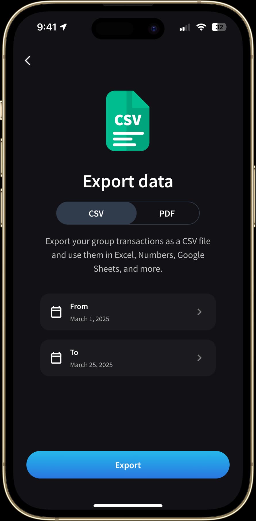 Het scherm "Gegevens exporteren" stelt gebruikers in staat om groepsuitgaven te exporteren in CSV- of PDF-indeling. Een aangepast datumbereik kan worden geselecteerd om de te exporteren gegevens te filteren.