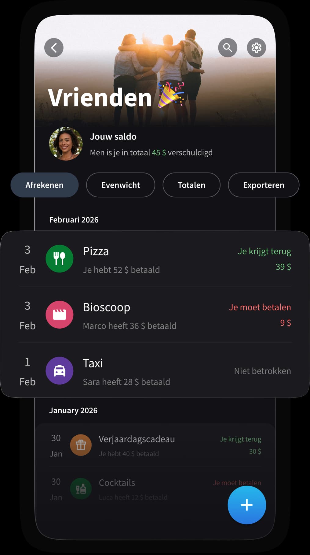 Splital-app met groepsuitgaven van een reis