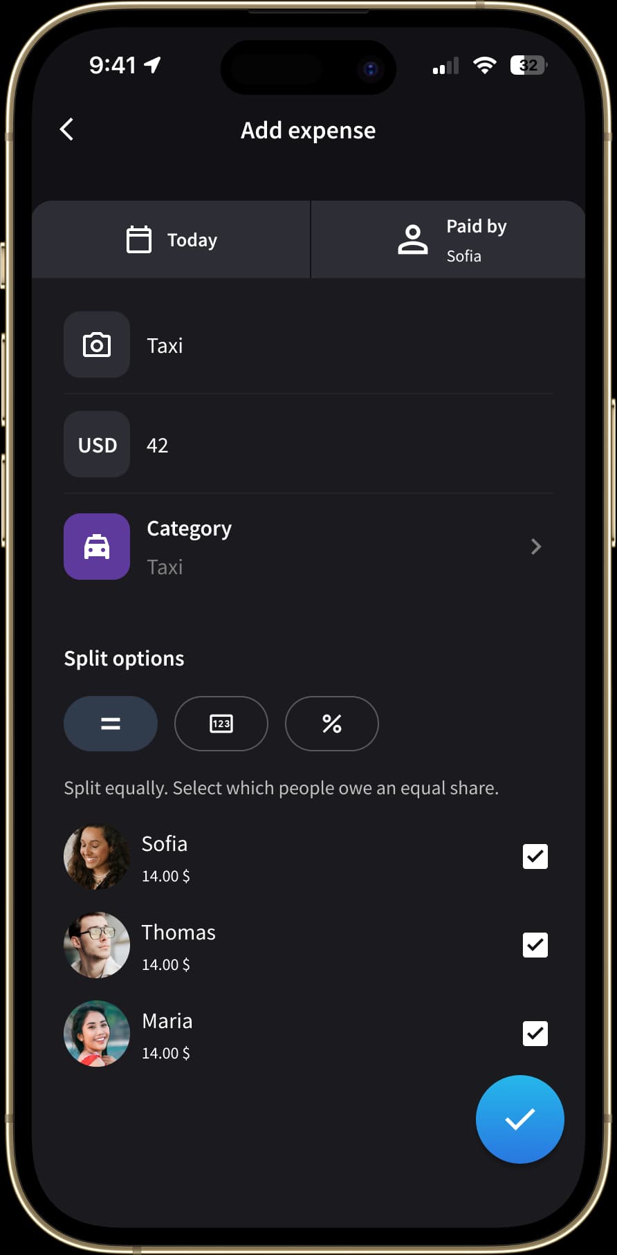 A tela "Adicionar despesa" é exibida com um lançamento de uma corrida de táxi. O app oferece opções para dividir o valor igualmente, por cota ou por percentual. Os usuários são listados com sua parte da despesa e há caixas de seleção para confirmar quem está incluído na divisão.