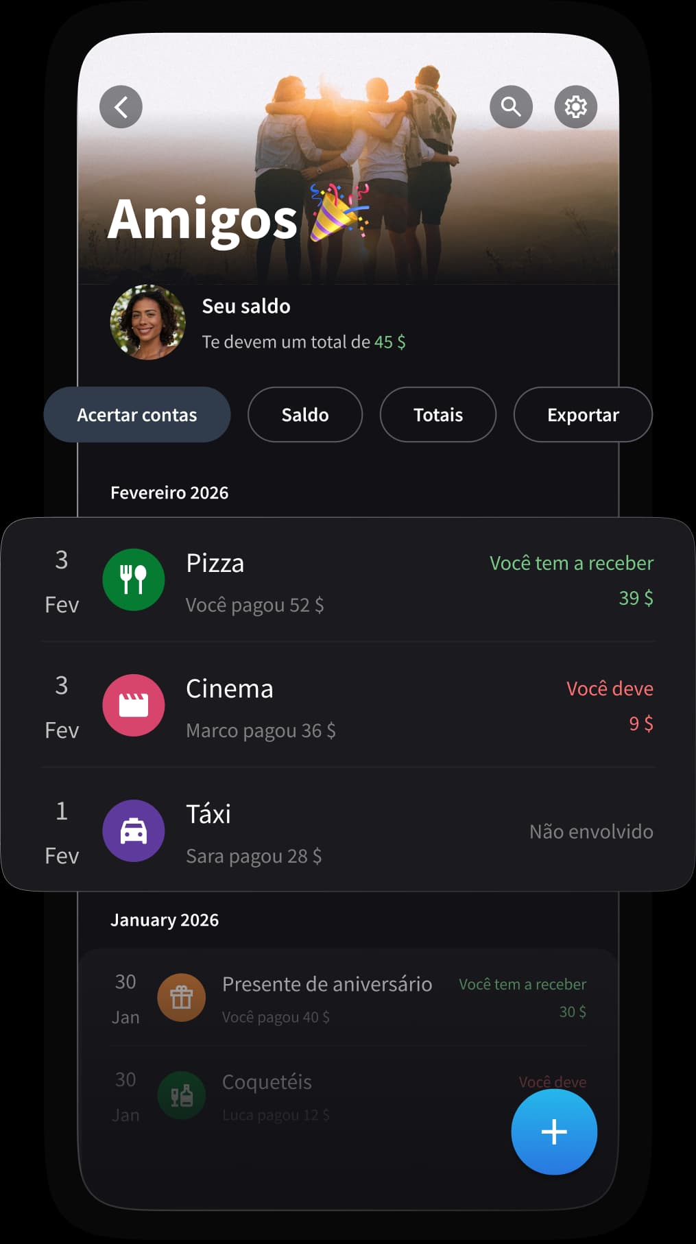 App Splital mostrando despesas de grupo de uma viagem