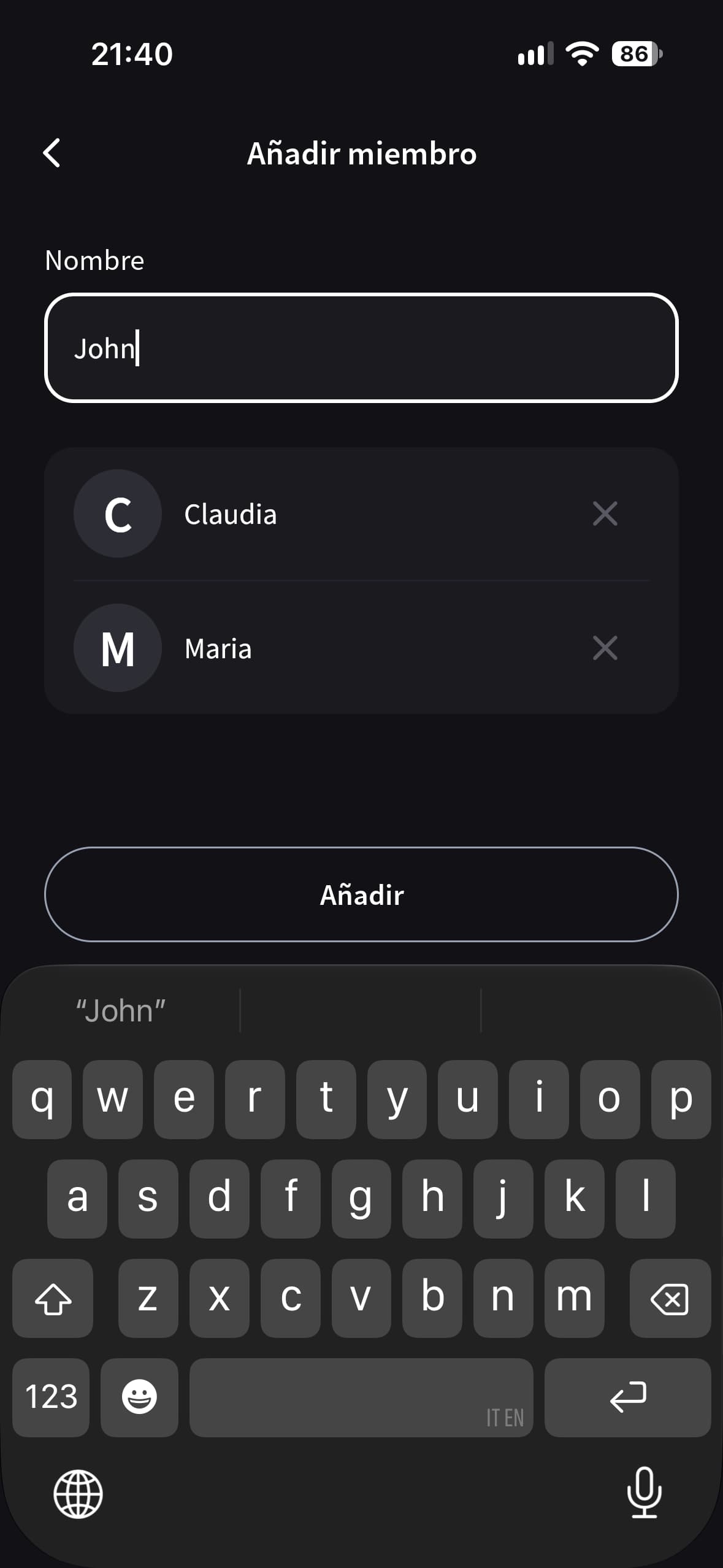 Pantalla Añadir miembro de Splital para añadir amigos a un grupo por su nombre.