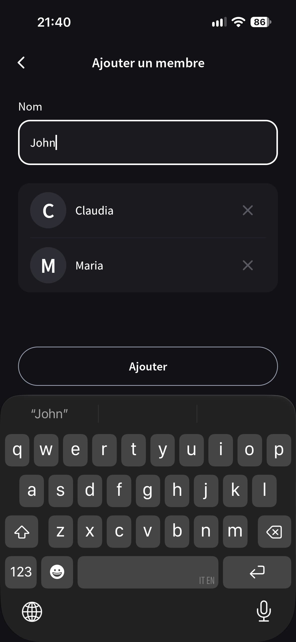 Écran Ajouter un membre de Splital, permettant d'ajouter des amis à un groupe en saisissant leur nom.