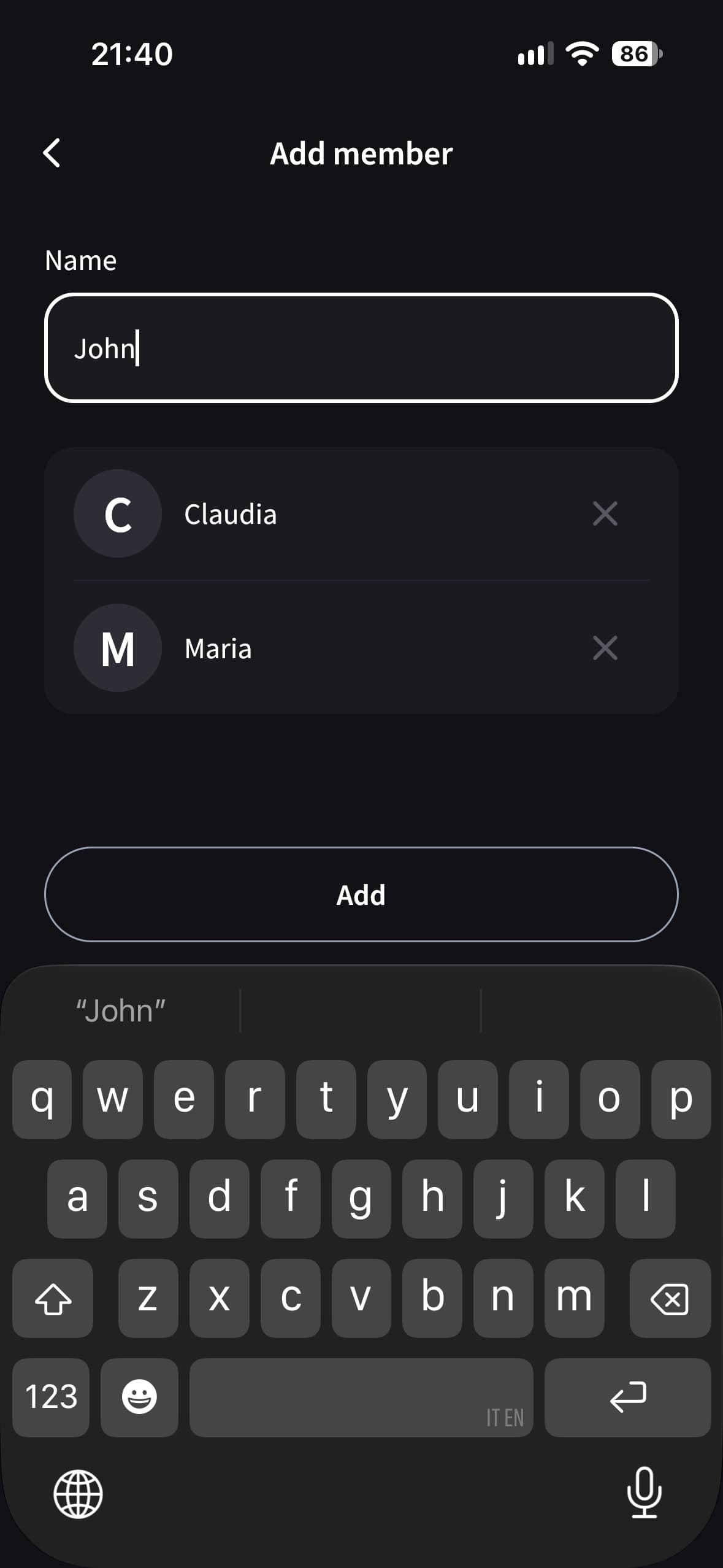 Splital's Add member screen for adding friends to a group by name.