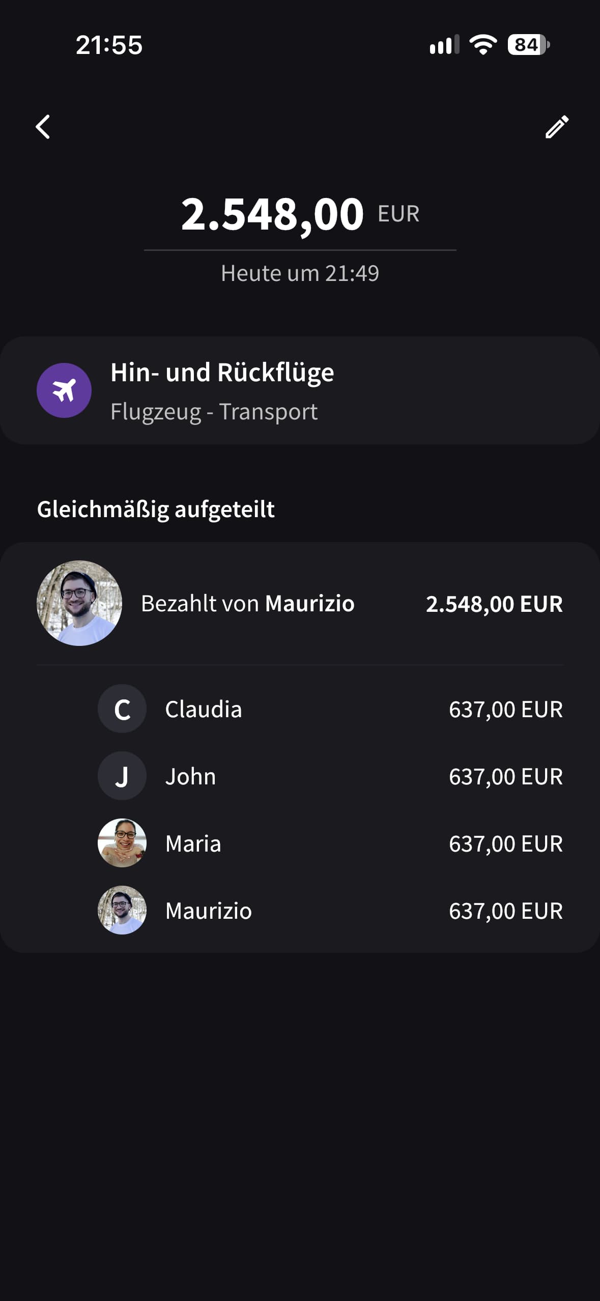 Die Ausgabendetails in Splital zeigen, dass Maurizio 2.548 € für Flüge bezahlt hat, aufgeteilt in vier Anteile von je 637 €.