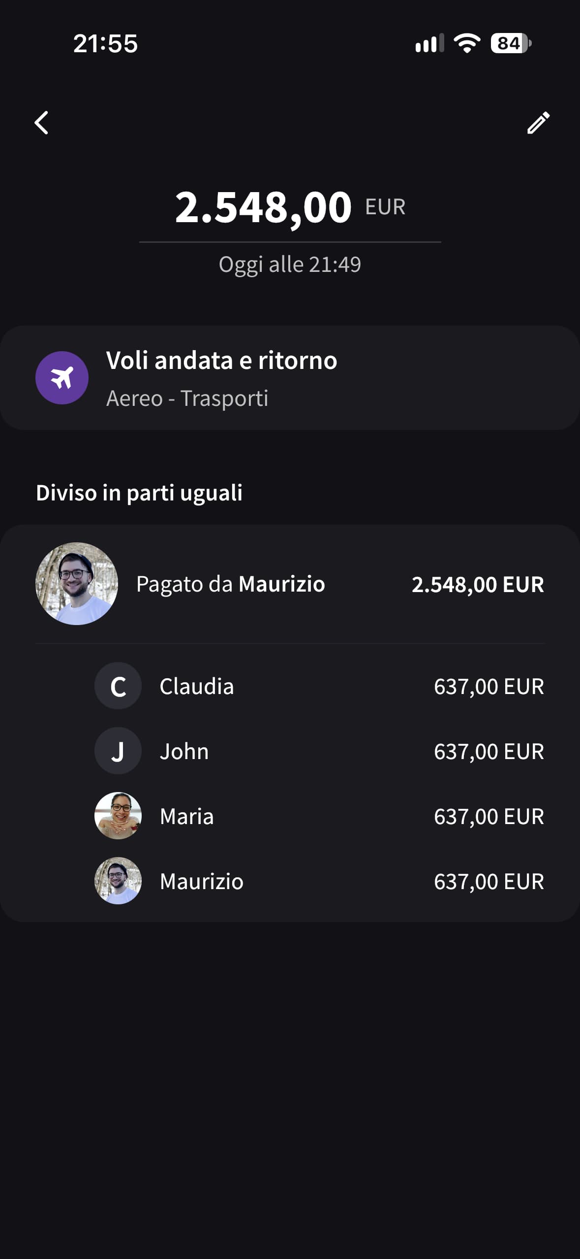 Dettagli di una spesa in Splital: Maurizio ha pagato 2.548 € per i voli, divisi in quattro quote da 637 €.