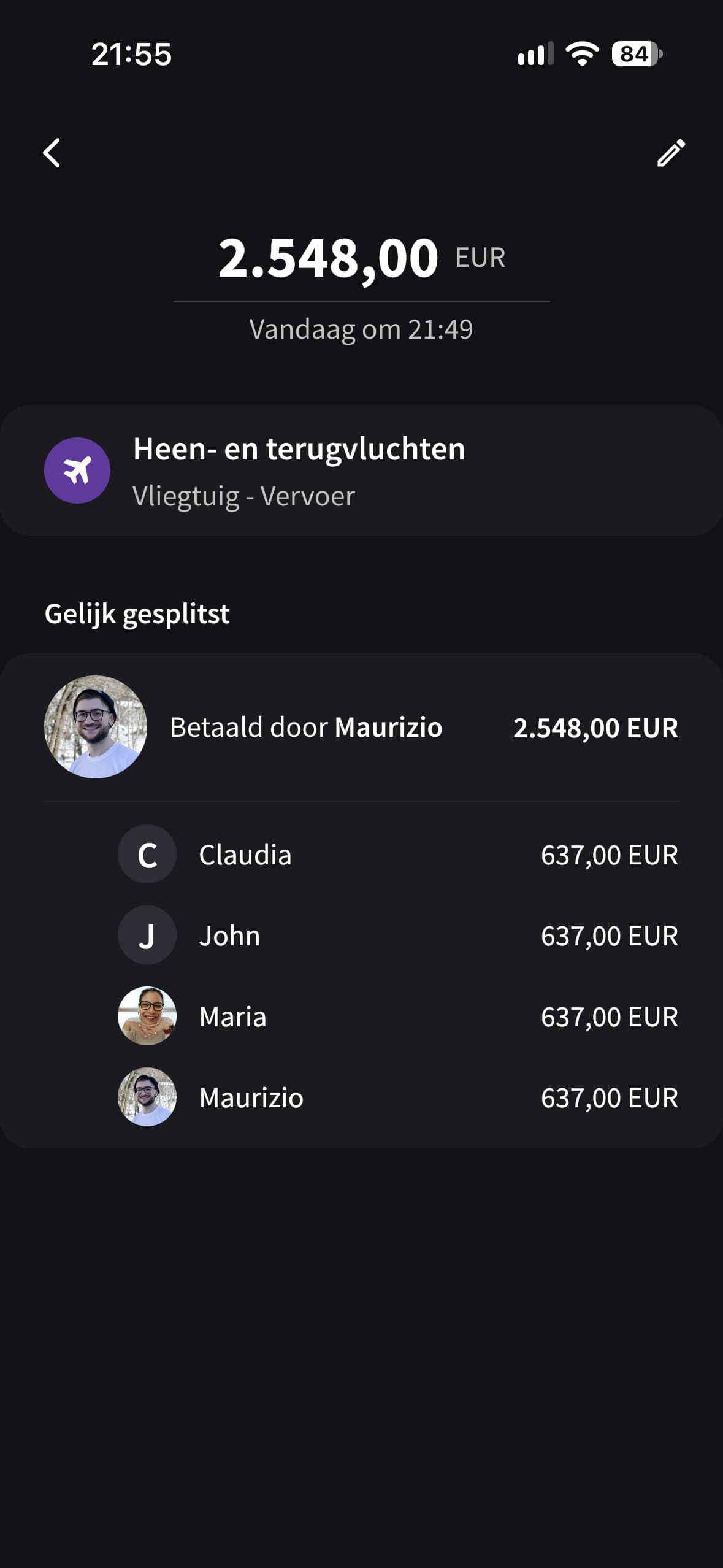 De uitgavedetails in Splital tonen dat Maurizio € 2.548 voor vluchten heeft betaald, verdeeld in vier delen van € 637.