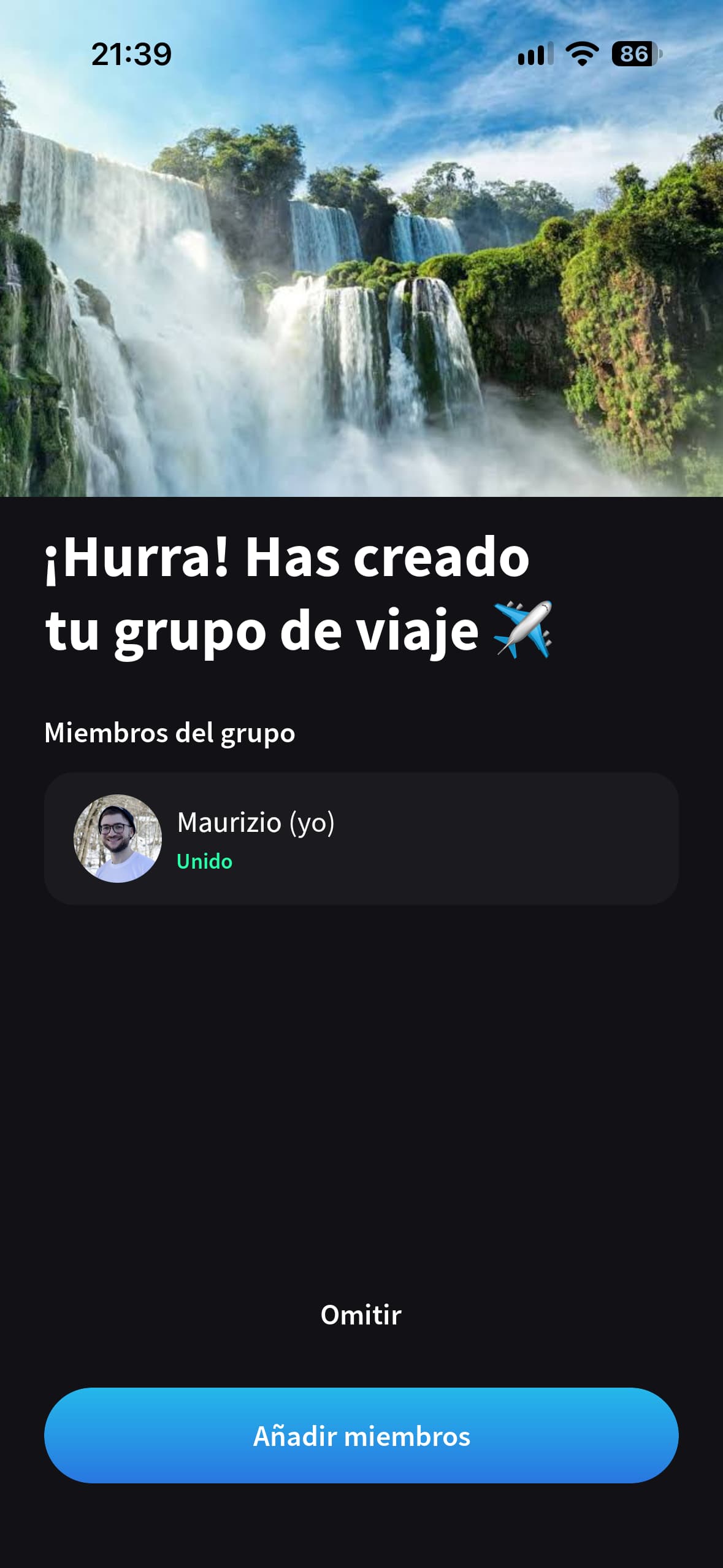 Splital confirma que se ha creado un grupo de viaje y muestra el botón Añadir miembros.