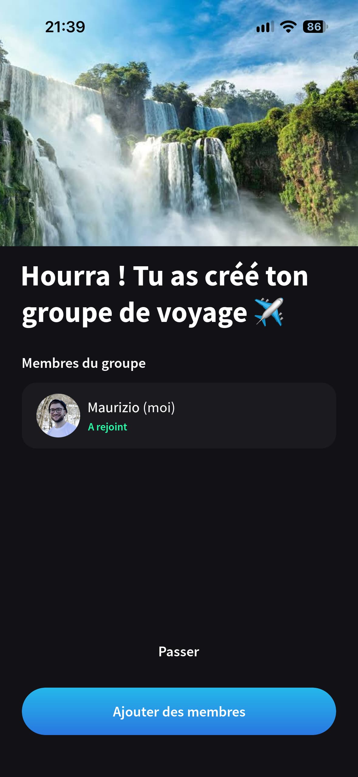 Splital confirme la création d'un groupe de voyage et affiche le bouton Ajouter des membres.
