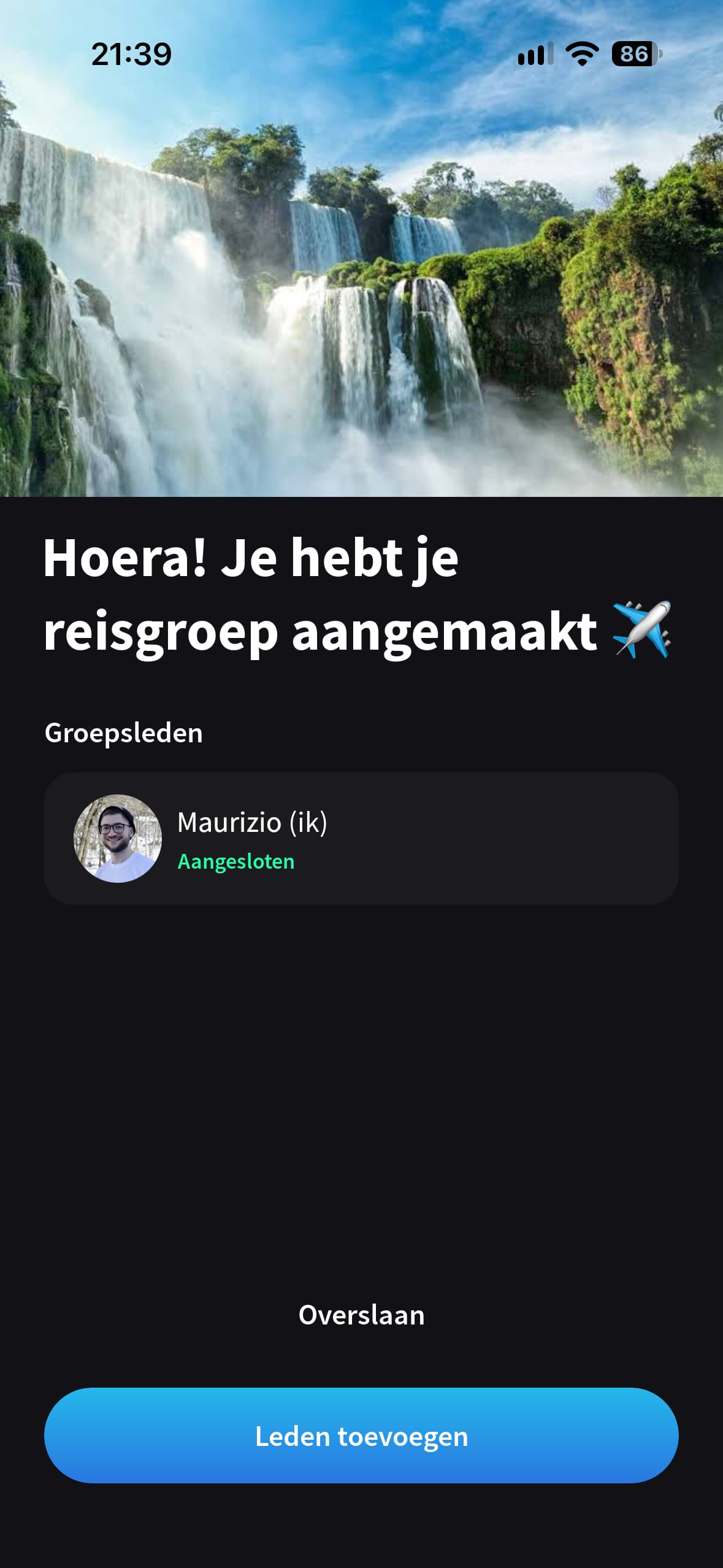 Splital bevestigt dat er een reisgroep is gemaakt en toont de knop Leden toevoegen.