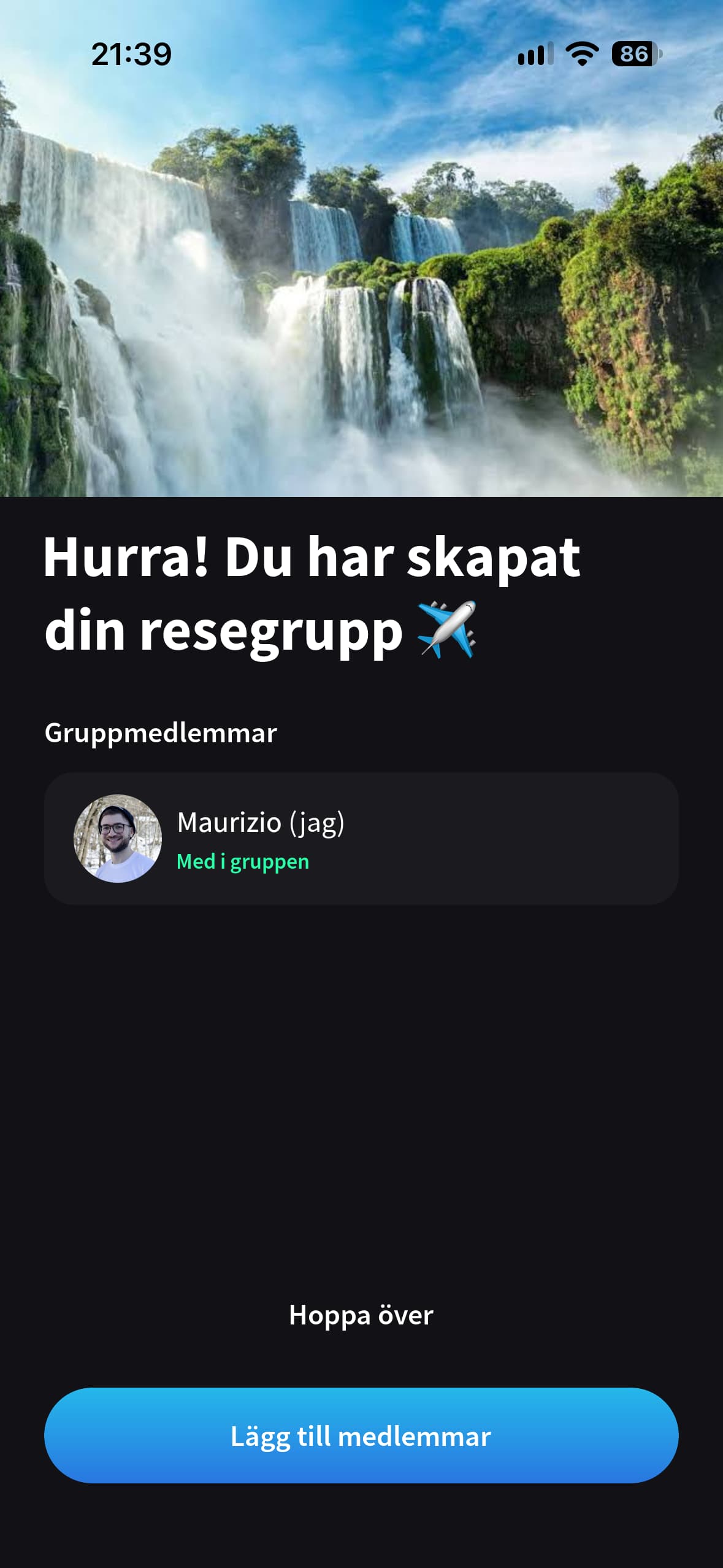 Splital bekräftar att en resegrupp har skapats och visar knappen Lägg till medlemmar.