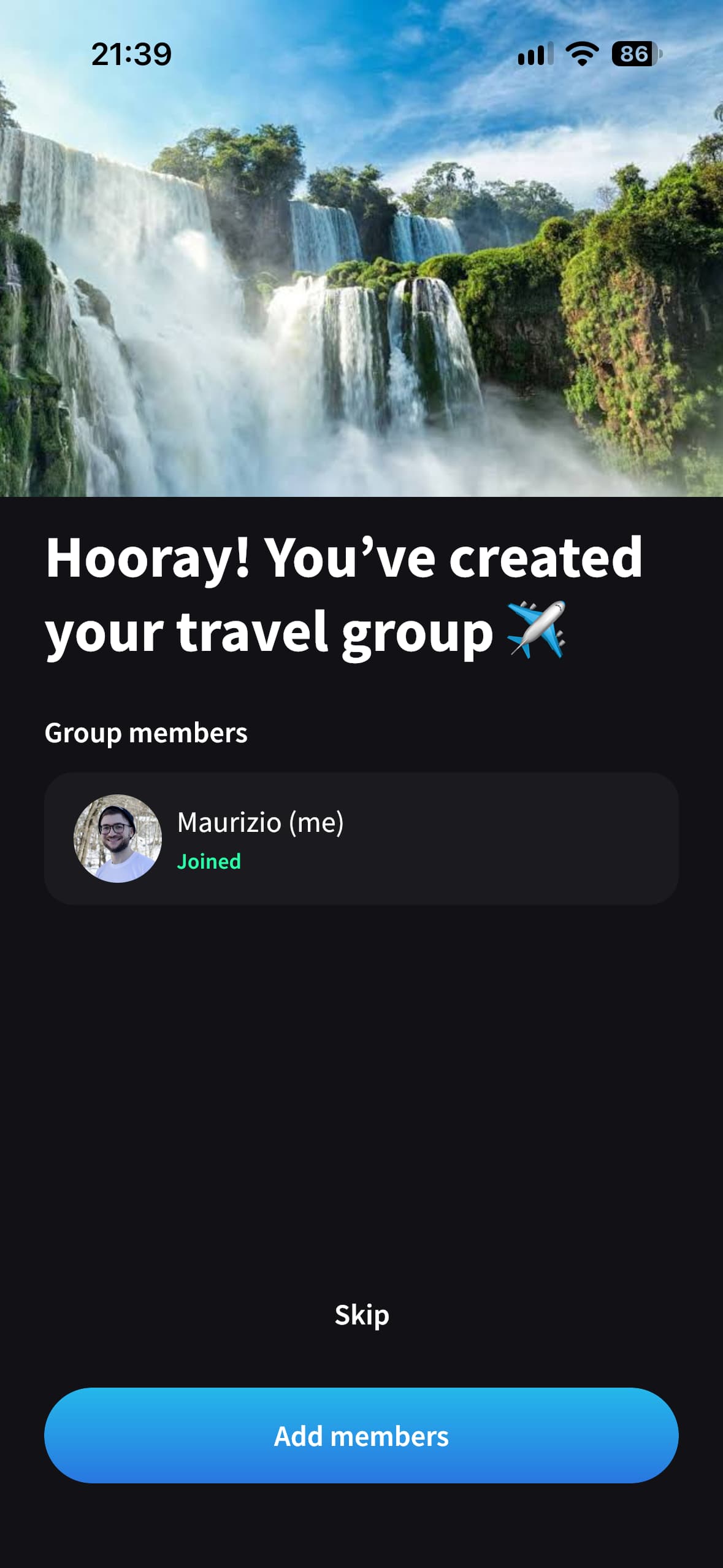 Splital confirms that a travel group has been created and shows the Add members button.