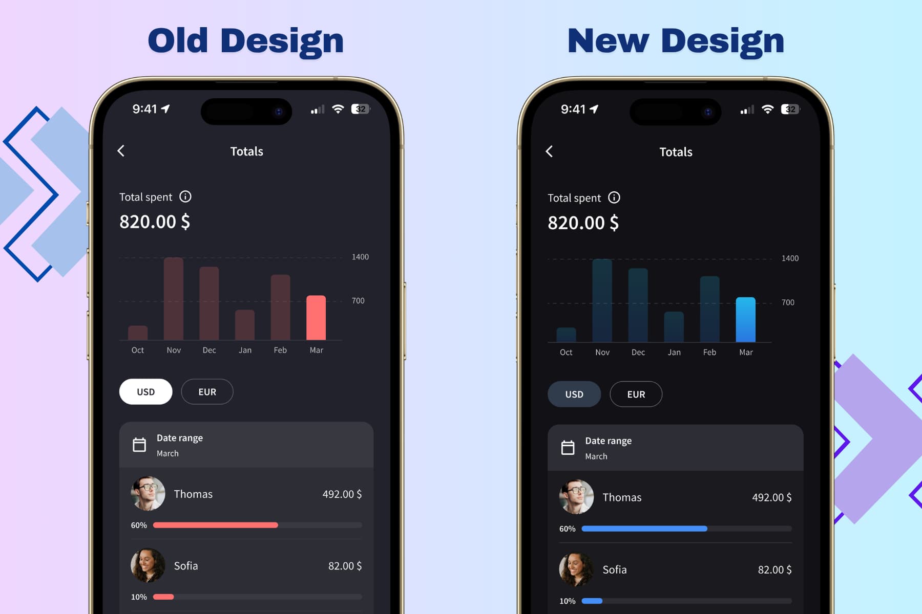 Side-by-side comparison of Splital's old red theme and the new blue theme.